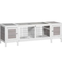 Clapier cage à lapin 2 portes toit ouvrant cloison amovible 2 niches plateaux déjection blanc gris