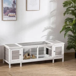 Clapier cage à lapin 2 portes toit ouvrant cloison amovible 2 niches plateaux déjection blanc gris