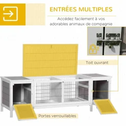 Clapier cage à lapin 2 portes toit ouvrant cloison amovible 2 niches plateaux déjection blanc gris