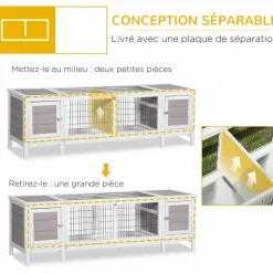 Clapier cage à lapin 2 portes toit ouvrant cloison amovible 2 niches plateaux déjection blanc gris