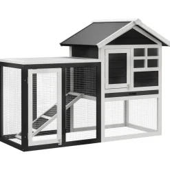 Clapier cage à lapins multi-équipé : niche supérieure avec rampe, plateau excrément, fenêtre + enclos extérieur sécurisé 2 portes 122L x 63l x 92H cm gris