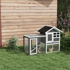 Clapier cage à lapins multi-équipé : niche supérieure avec rampe, plateau excrément, fenêtre + enclos extérieur sécurisé 2 portes 122L x 63l x 92H cm gris