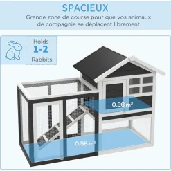 Clapier cage à lapins multi-équipé : niche supérieure avec rampe, plateau excrément, fenêtre + enclos extérieur sécurisé 2 portes 122L x 63l x 92H cm gris