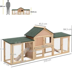 Clapier cage à lapins rongeurs XXL 2 étages toit bitumé intégral tiroir déjection 2,10L x 0,46l x 0,85H m bois massif pin pré-huilé