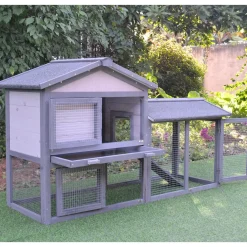 Clapier cage à lapins rongeurs 2 niveaux 3 portes verrouillables tiroir à déjection toit intégral bitumé 147L x 54l x 84H cm bois massif pin gris blanc