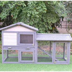 Clapier cage à lapins rongeurs 2 niveaux 3 portes verrouillables tiroir à déjection toit intégral bitumé 147L x 54l x 84H cm bois massif pin gris blanc