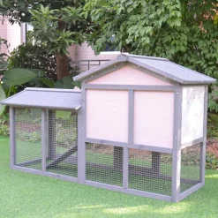 Clapier cage à lapins rongeurs 2 niveaux 3 portes verrouillables tiroir à déjection toit intégral bitumé 147L x 54l x 84H cm bois massif pin gris blanc