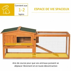 Clapier cage à lapins rongeurs 2 étages tiroir déjection enclos extérieur toit ouvrant dim. 156L x 58l x 68H cm bois sapin pré-huilé