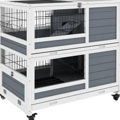 Clapier cage lapin sur roulettes - 2 niveaux, 2 plateaux, 3 portes, rampes - bois sapin gris blanc