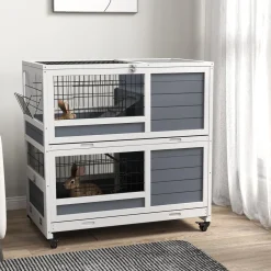 Clapier cage lapin sur roulettes - 2 niveaux, 2 plateaux, 3 portes, rampes - bois sapin gris blanc