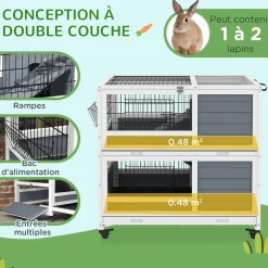 Clapier cage lapin sur roulettes - 2 niveaux, 2 plateaux, 3 portes, rampes - bois sapin gris blanc