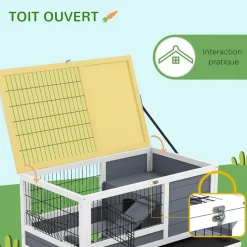 Clapier cage lapin sur roulettes - 2 niveaux, 2 plateaux, 3 portes, rampes - bois sapin gris blanc
