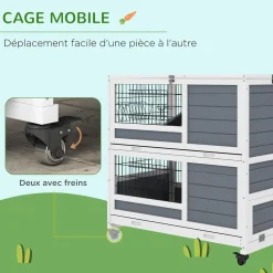 Clapier cage lapin sur roulettes - 2 niveaux, 2 plateaux, 3 portes, rampes - bois sapin gris blanc