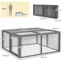 Clapier pliable avec poignée - cage à lapin - toit ouvrant, porte - 110 x 105 x 50 cm - acier bois gris