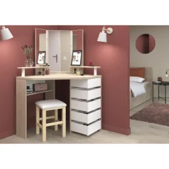 Coiffeuse d'angle avec LED 3 miroirs 5 tiroirs pivotants GIRLY
