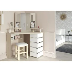 Coiffeuse d'angle avec LED 3 miroirs 5 tiroirs pivotants GIRLY