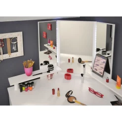 Coiffeuse d'angle avec LED 3 miroirs 5 tiroirs pivotants GIRLY