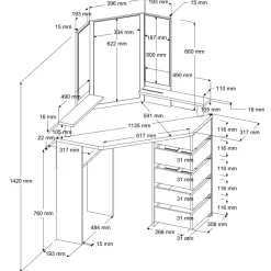 Coiffeuse d'angle avec LED 3 miroirs 5 tiroirs pivotants GIRLY