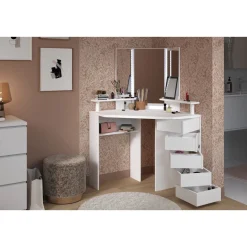 Coiffeuse d'angle avec LED 3 miroirs 5 tiroirs pivotants GIRLY