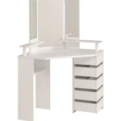 Coiffeuse d'angle avec LED 3 miroirs 5 tiroirs pivotants GIRLY