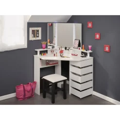 Coiffeuse d'angle avec LED 3 miroirs 5 tiroirs pivotants GIRLY