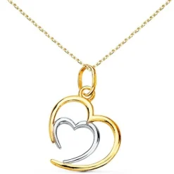 Collier - Pendentif Or 18 Carats 750/000 Bicolore - Coeur Double - Chaine Dorée