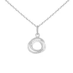 Collier - Pendentif Or Blanc Anneaux Enlacés Sertis de Zirconiums - Chaine Argentée - Femme