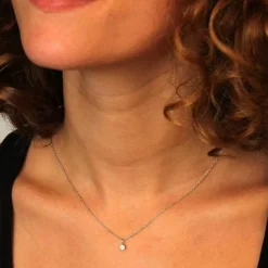 Collier - Pendentif Or Blanc Pavé Diamants - Chaine Argentée - Femme