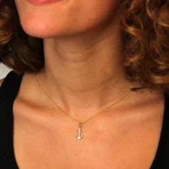 Collier - Pendentif Or Jaune Ancre Serti de Zirconiums - Chaine Dorée Offerte