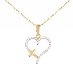 Collier - Pendentif Or Jaune et Zirconiums - Motif Coeur et Croix - Chaine Dorée