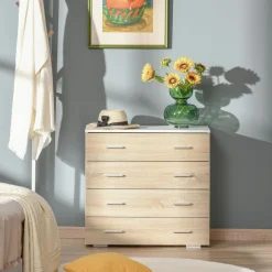 Commode meuble de rangement style contemporain 4 tiroirs 76 x 35 x 72 cm blanc et couleur bois