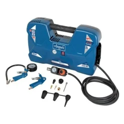 Compresseur portatif Scheppach AIR CASE - 2L- 1100 W - 8 bars Livre avec 12 accessoires, une soufflette, une poignee de gonflag