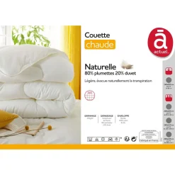 Couette chaude en percale de coton garnissage naturel 80% plumettes 20% duvet 250 g/m²