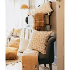 Coussin Déco Franges Janara 45x45cm Ocre