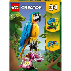 Creator 31136 - Le perroquet exotique, Jouet de Construction, Figurines Animaux de la Jungle, avec Grenouille et Poisson