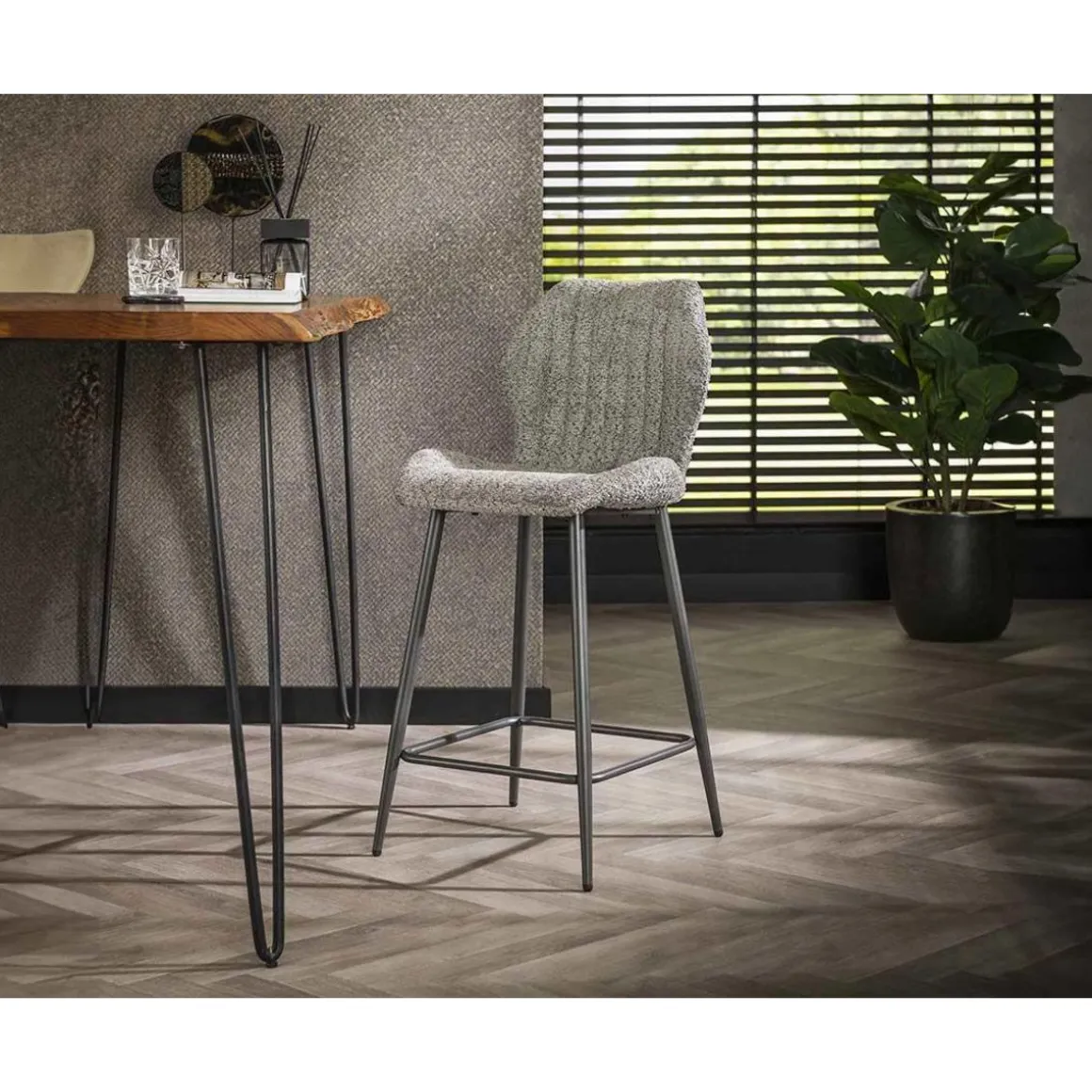 Dahi - lot de 2 tabourets de bar - support lombaire - en tissu bouclette gris