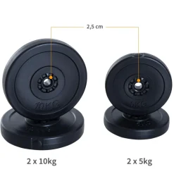 Disques de poids - lot de 4 disques d'haltère - ensemble de poids 5 Kg et 10 Kg - poids total 30 Kg - entraînement musculaire & haltérophilie - HDPE noir