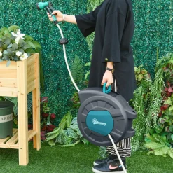 Dévidoir mural enrouleur automatique pivotant 180° tuyau 15 + 1,4 m avec lance arrosage support mural intégré turquoise gris