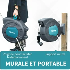 Dévidoir mural enrouleur automatique pivotant 180° tuyau 15 + 1,4 m avec lance arrosage support mural intégré turquoise gris