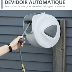 Enrouleur de tuyau à air comprimé - tuyau : 10 m + 0,9 m - Ø intérieur 3/8 (9,5 mm), 1/4 (6,35 mm) BSPT - dévidoir automatique pour tuyau d'air rétractable gris