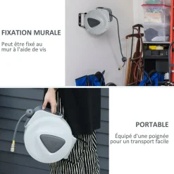 Enrouleur de tuyau à air comprimé - tuyau : 10 m + 0,9 m - Ø intérieur 3/8 (9,5 mm), 1/4 (6,35 mm) BSPT - dévidoir automatique pour tuyau d'air rétractable gris