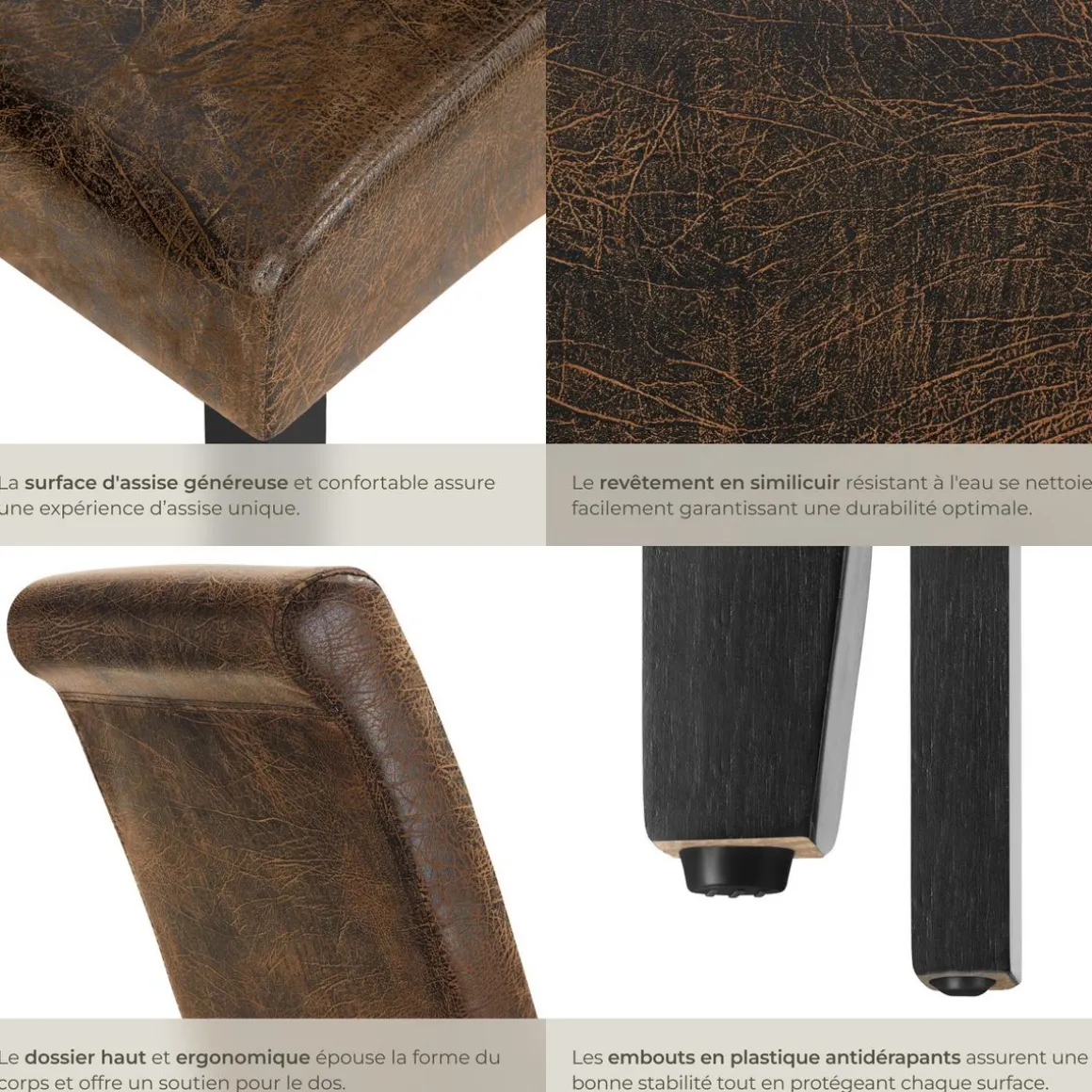 Ensemble 4 chaises de salle à manger aspect cuir marron foncé