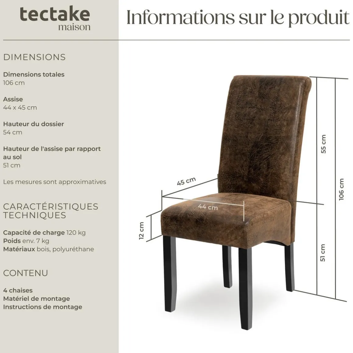 Ensemble 4 chaises de salle à manger aspect cuir marron foncé