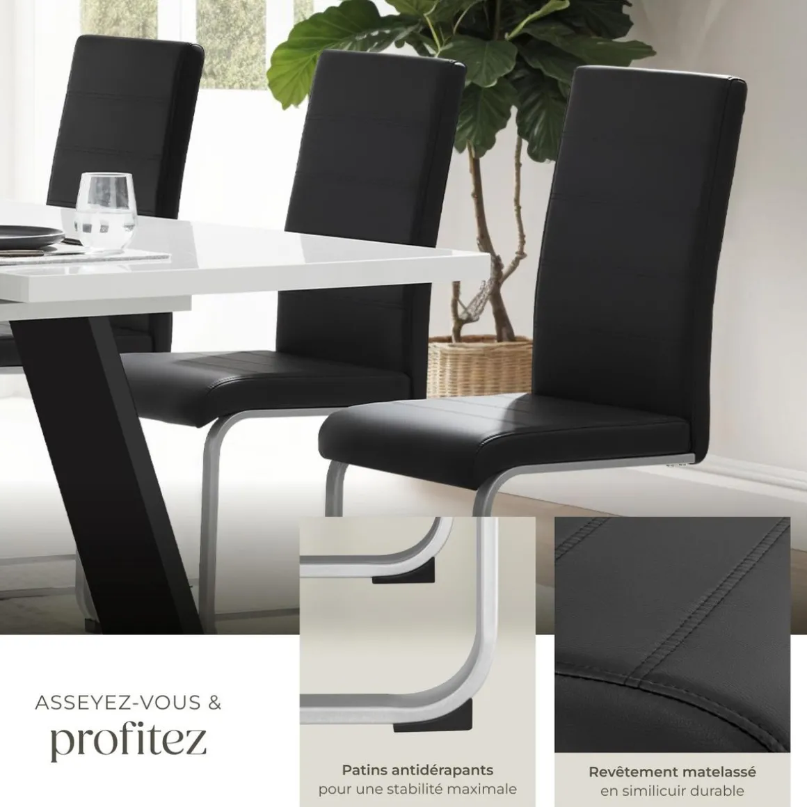 Ensemble de 2 chaises de salle à manger revêtement aspect cuir noir