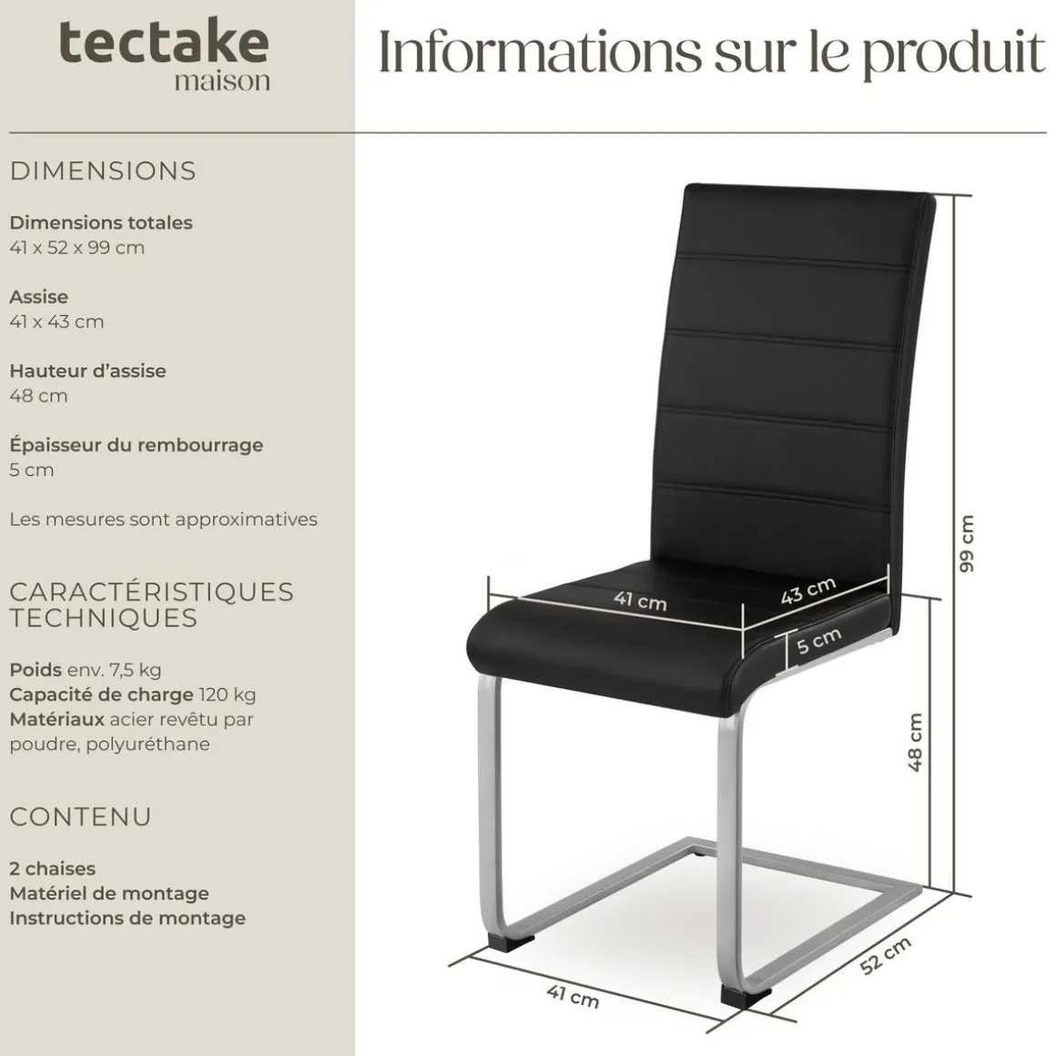 Ensemble de 2 chaises de salle à manger revêtement aspect cuir noir