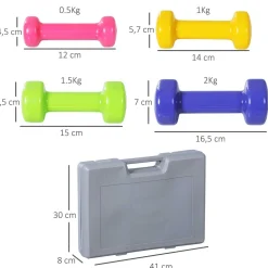 Ensemble d'haltères courtes total 10 Kg - collaboration Aosom.fr x FFHandball - paires de 0,5/1/1,5/2 Kg avec malette - métal PU multicolore