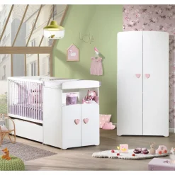 Ensemble Lit bébé combiné 60x120 cm évolutif en 90x190 cm + armoire NEW BASIC Boutons C?ur Rose