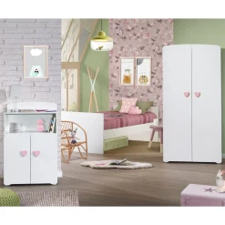 Ensemble Lit bébé combiné 60x120 cm évolutif en 90x190 cm + armoire NEW BASIC Boutons C?ur Rose