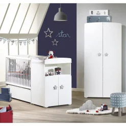 Ensemble Lit bébé combiné 60x120 cm évolutif en 90x190 cm + armoire NEW BASIC Boutons Etoile Gris