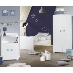 Ensemble Lit bébé combiné 60x120 cm évolutif en 90x190 cm + armoire NEW BASIC Boutons Etoile Gris